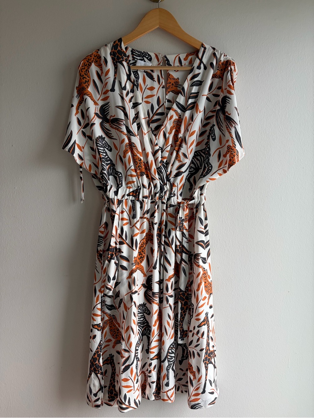 Escada White Dress with Orange and Black Botanical & Animals Print